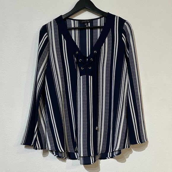 Karina & Chloe Coastal Striped Flowy Lace Up Blouse - Picture 1 of 9